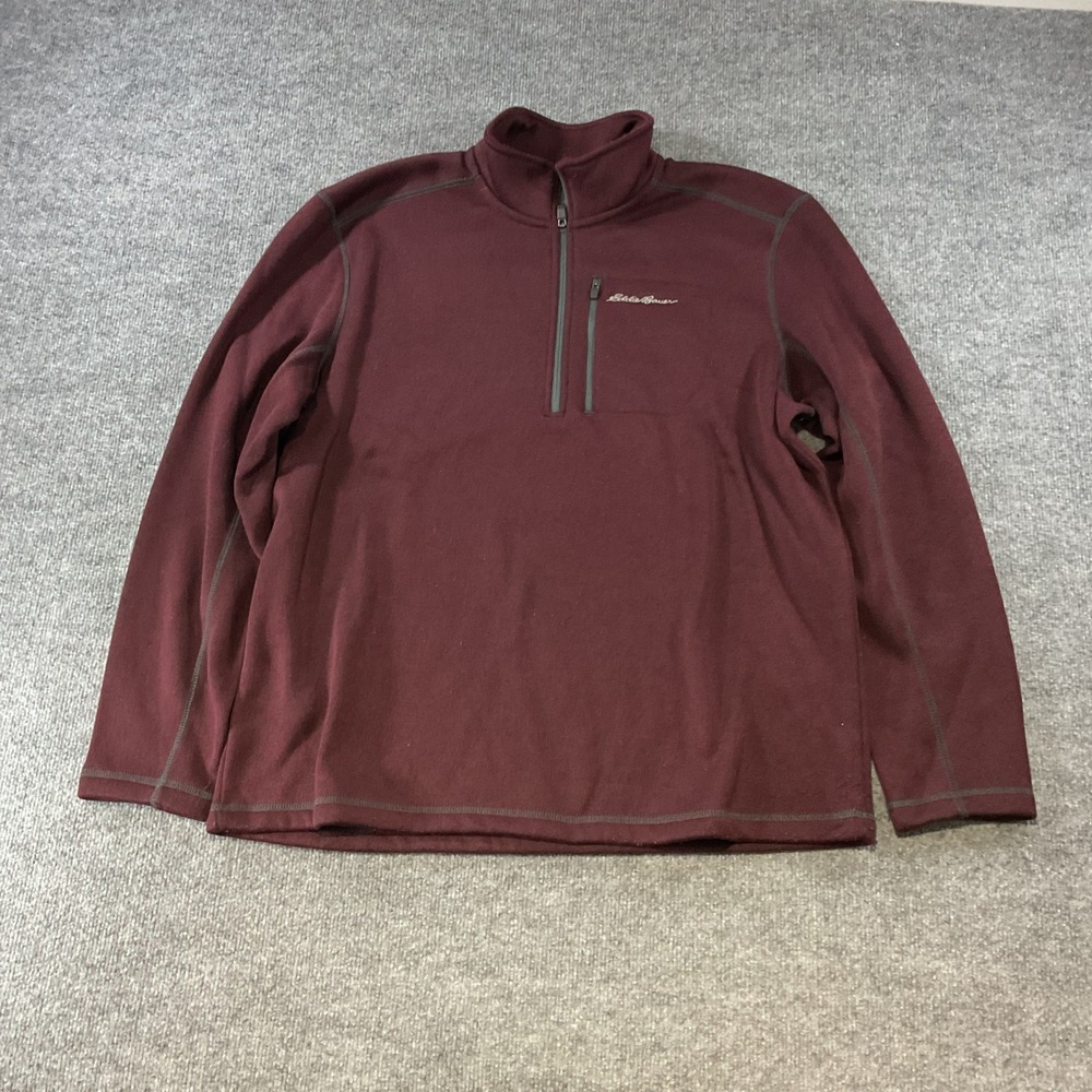 Eddie Bauer Mens XL Quarter Zip Fleece Pullover Sweater Burgundy Heather Pocket